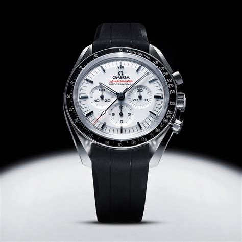 omega speedmaster white dial rubber strap|omega speedmaster leather strap price.